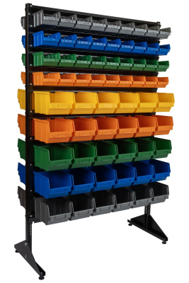 Двусторонний складской стеллаж с лотками под сантехнические комплектующие